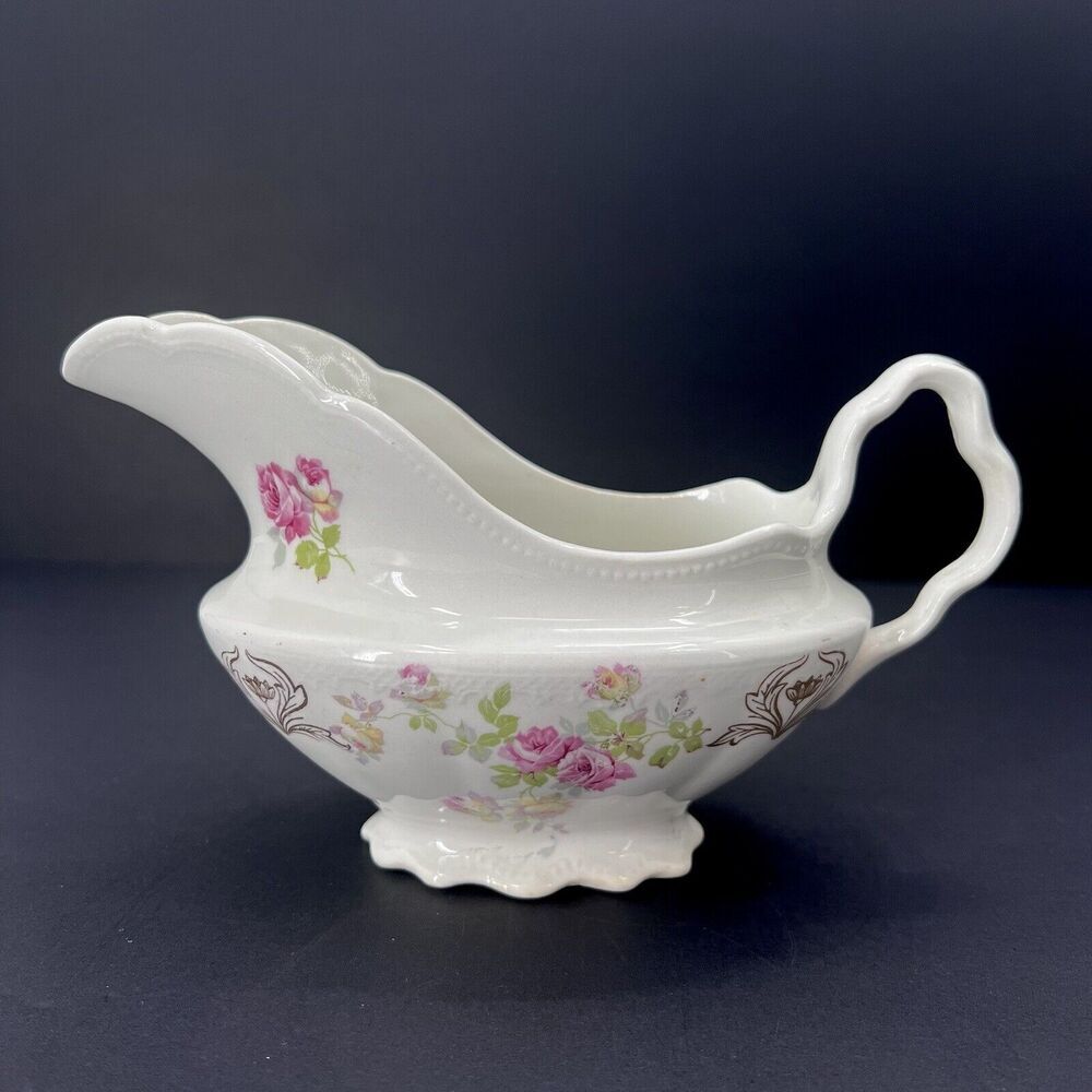 Antique 1900s Homer Laughlin The Angelus Rose Pattern Scalloped Gravy Sauce Boat - Picture 2 of 11